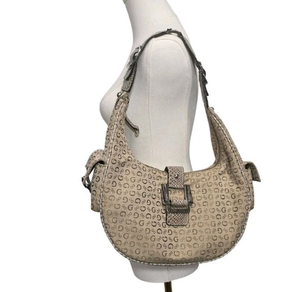 Vintage Y2K GUESS Monogram Hobo Purse Tan Snakeskin Embossed Buckle Detail